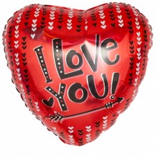 Фольгированный воздушный шар-сердце "Я люблю тебя" (стрела и сердечки) красный (46 см)
