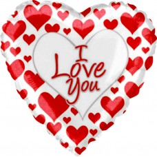 Фольгированный воздушный шар-сердце "Я люблю тебя" (простые красные сердечки) белый (46 см)
