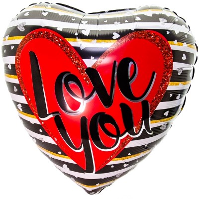 Фольгированный воздушный шар-сердце "Люблю тебя" полоски с сердечками (46 см)