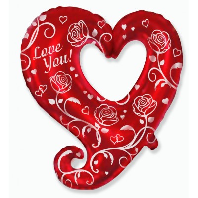 Фольгированный воздушный шар-фигура Сердце с розами красный (81 см)