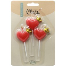 Свечи Сердце, Золотая корона, на шпажке, Красный, Металлик, 8,5 см, 3 шт. с держат.