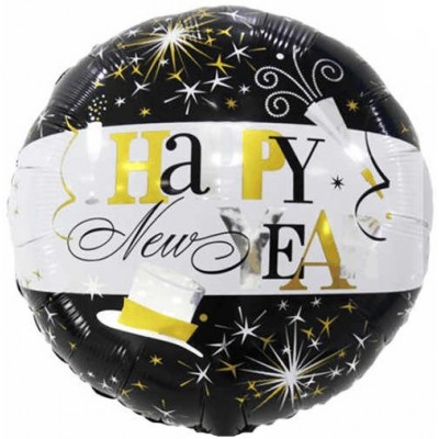 Фольгированный воздушный шар-круг С Новым Годом (брызги шампанского) черный-белый (46 см)