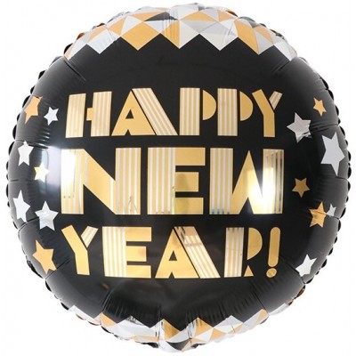 Фольгированный воздушный шар-круг С Новым Годом  (звездное диско) черный (46 см)