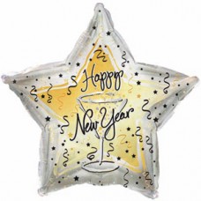 Фольгированный воздушный шар-звезда С Новым годом бокал серебро (46см)