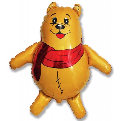 Фольгированный воздушный шар-фигура Медвежонок с красным шарфом желтый (84 см)