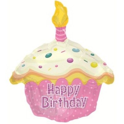Фольгированный воздушный шар-фигура Кекс с Днем рождения розовый (51 см)