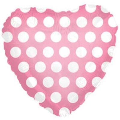 Фольгированный воздушный шар-сердце В белый горошек розовый (46 см)