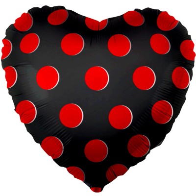 Фольгированный воздушный шар-сердце Красные точки черный (46 см)
