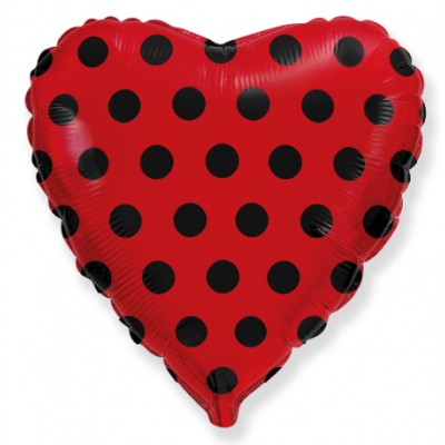 Фольгированный воздушный шар-сердце Черные точки красный (46 см)