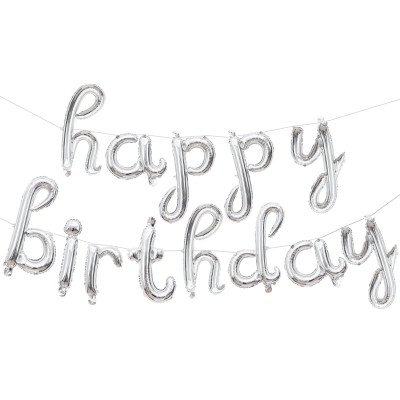 Фольгированный шар-фигура мини-надпись "Happy Birthday" (изящный курсив) серебро (43 см)
