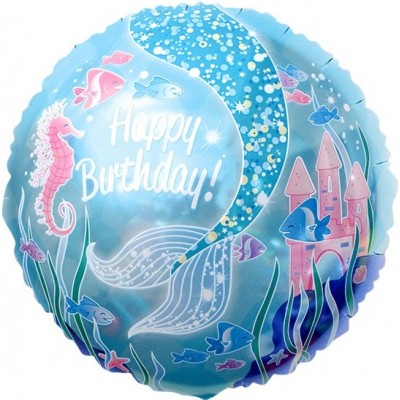 Фольгированный воздушный шар-круг С Днем Рождения! (хвост Русалочки) голубой (46 см)