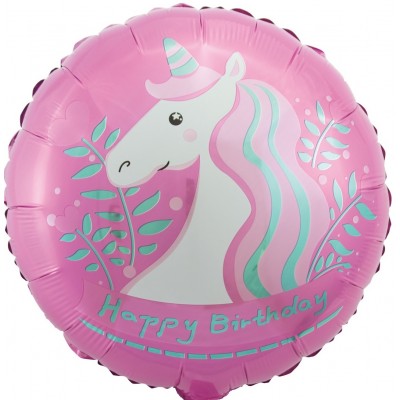 Фольгированный воздушный шар-круг С Днем Рождения (единорог) розовый (46 см)