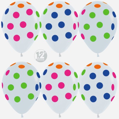 Воздушный шар Разноцветные точки белый неон (30 см)