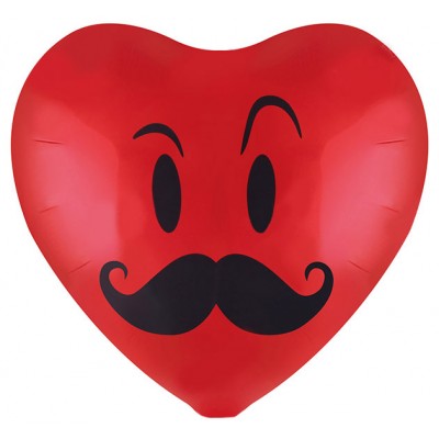 Фольгированный воздушный шар-сердце Смайл с усами красный (48 см)